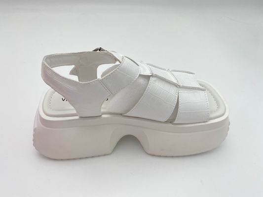 Women white sandals with thick soled and metal button genuine leather