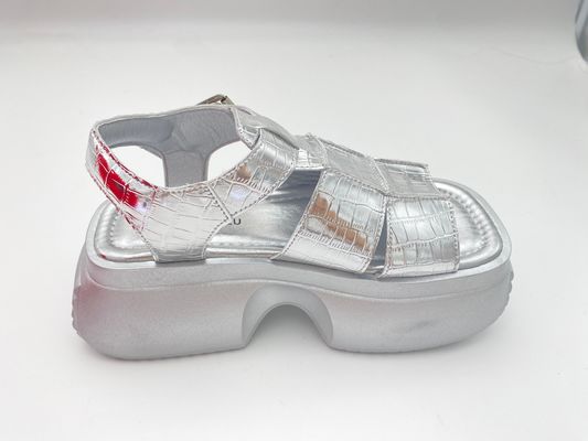 Women summer silver thick soled sandals with metal button genuine leather comfort
