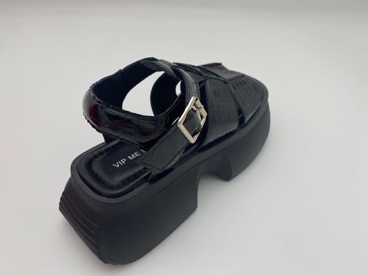 Women summer black thick soled sandals with metal button genuine leather summer