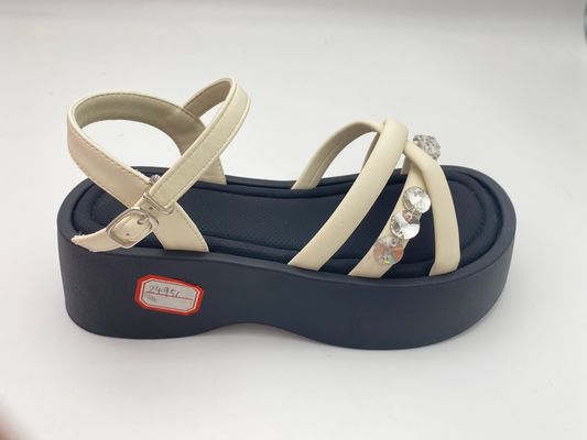 Women white bottomed sandals with rhinestone with pure color and genuine leather