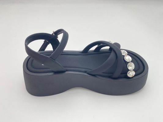 Women black bottomed sandals with rhinestone genuine leather in summer